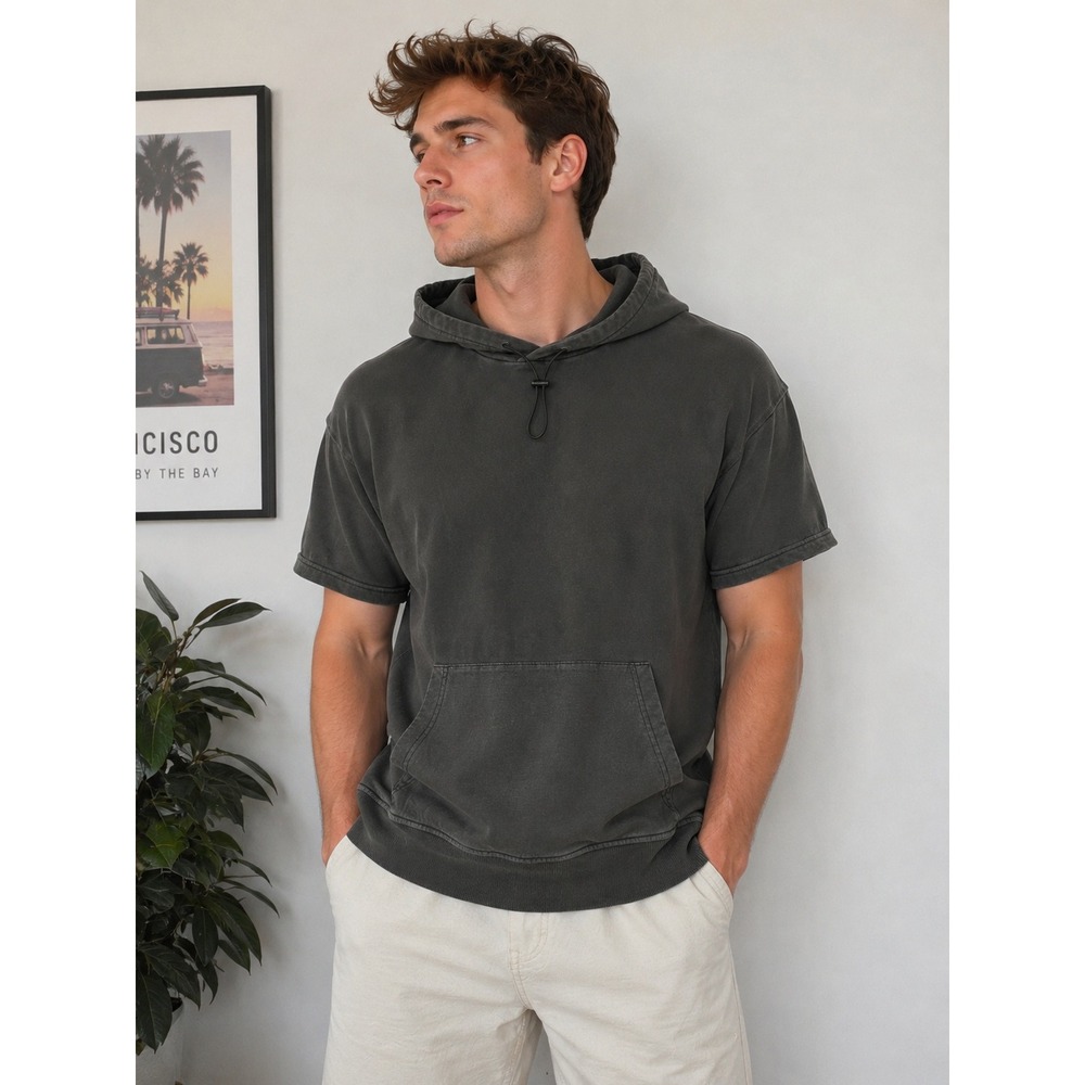 Forever 21 Mens Short Sleeve Hoodie Size L Washed Black Lightweight NWT Casual
